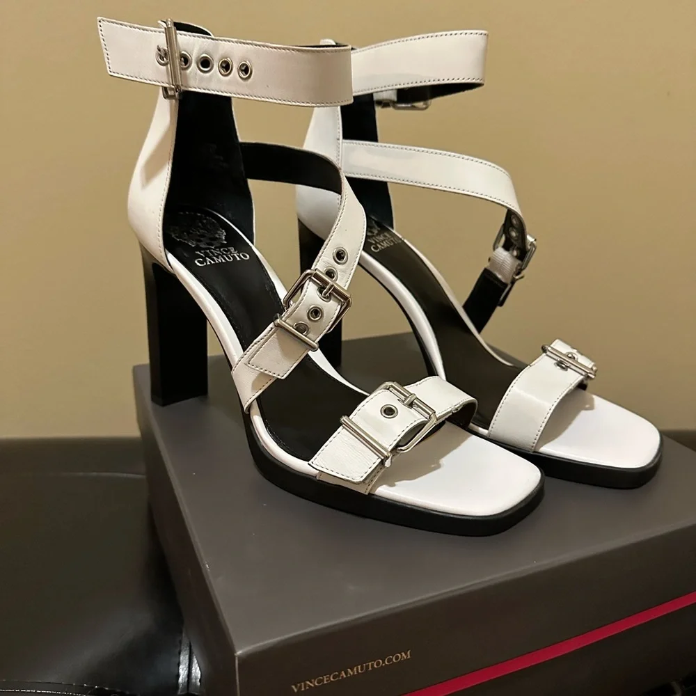 Vince Camuto Black and White Buckle Strap High Heel Sandals